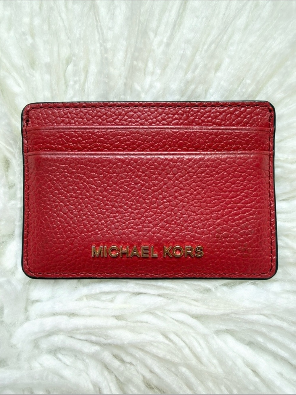 Michael Kors Red Pebbled Leather Card Case with Gold Logo